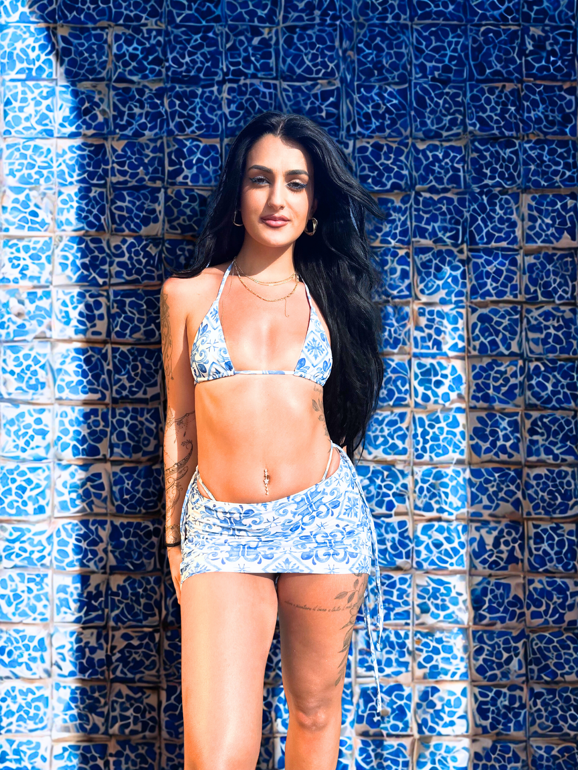 3-Piece Women's Swimsuit – Portuguese Blue Azulejos Pattern with Flowy Skirt