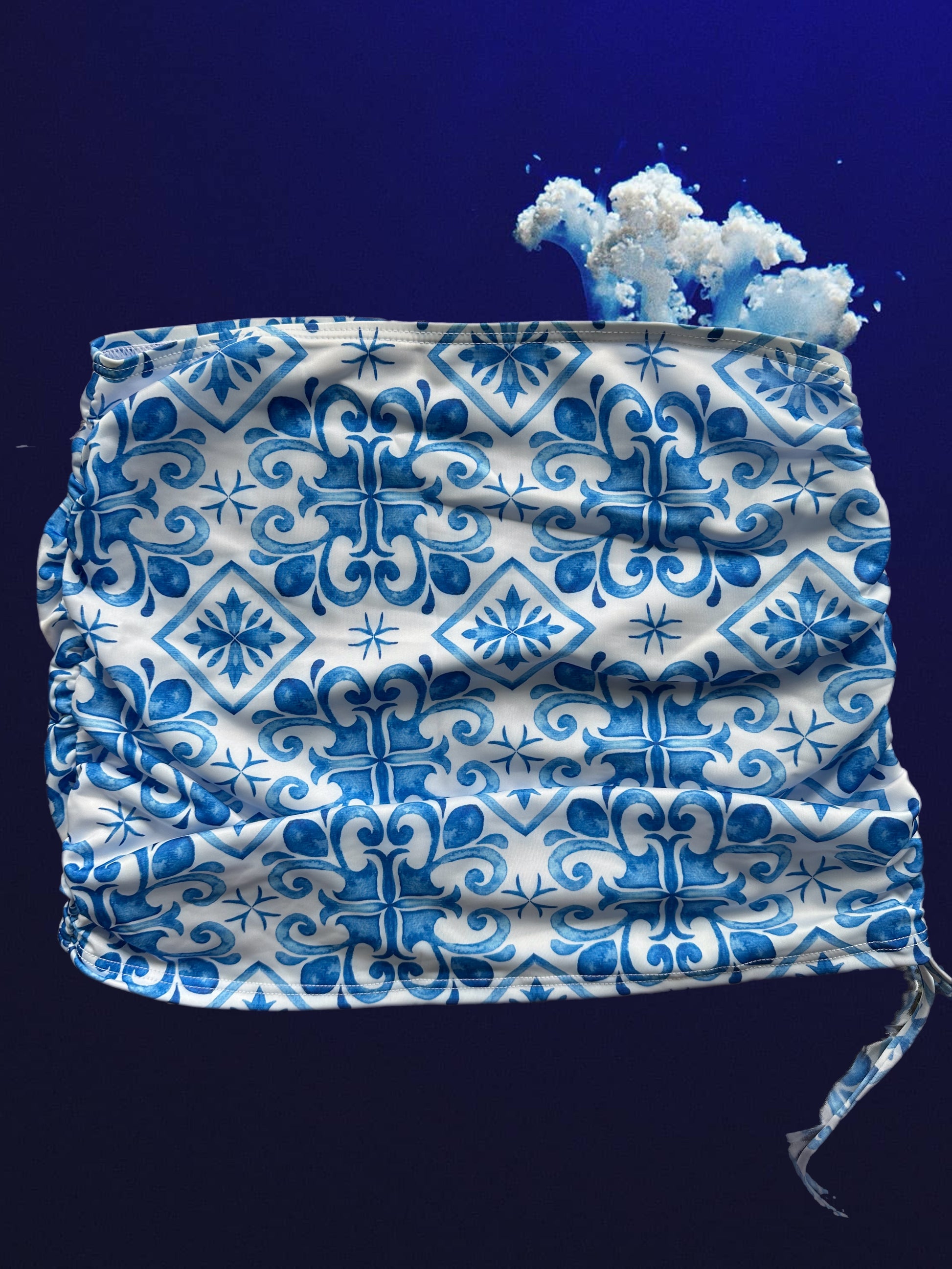 3-Piece Women's Swimsuit – Portuguese Blue Azulejos Pattern with Flowy Skirt