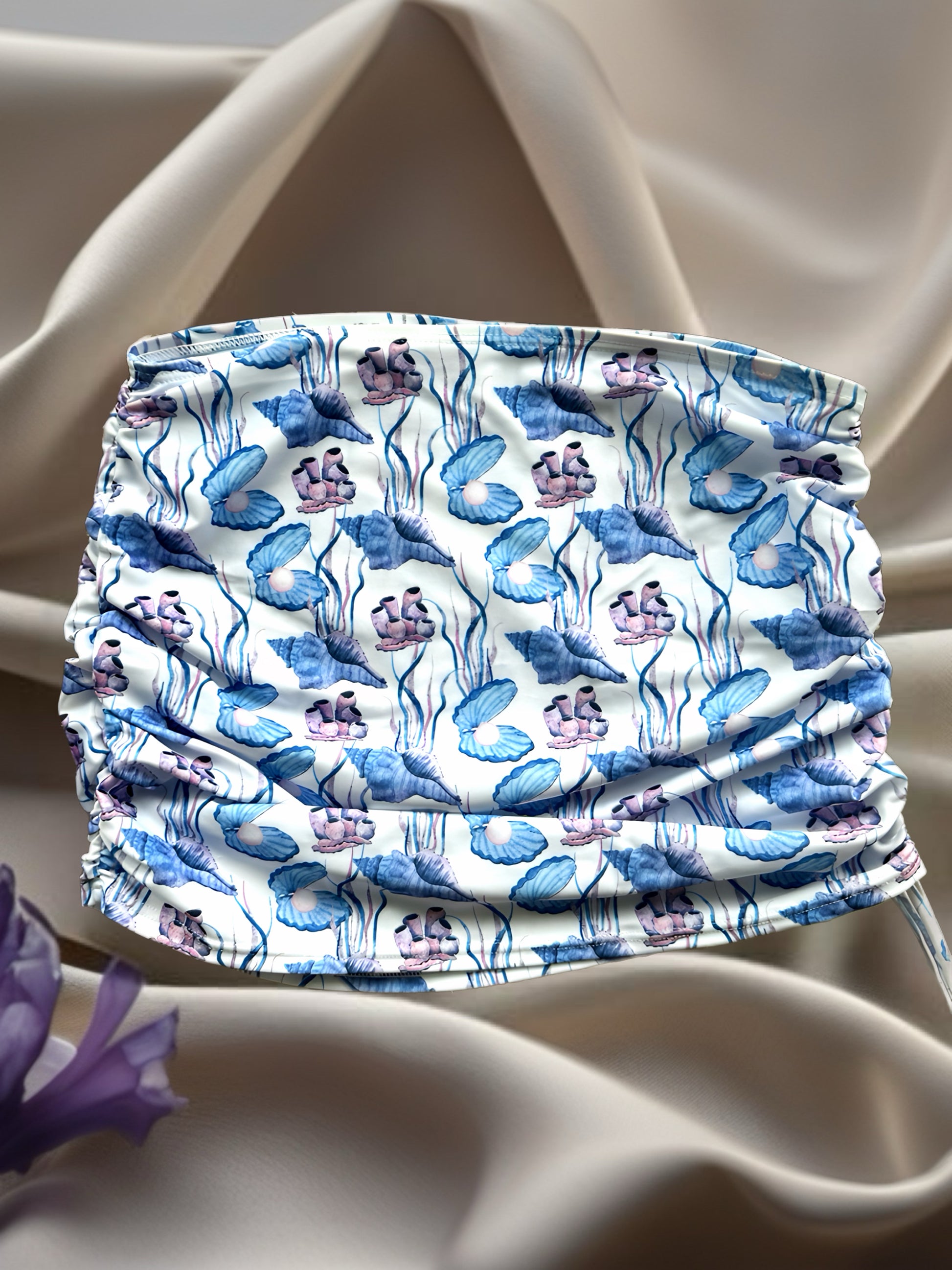 3-Piece Bikini Set – Mystic Violet Seashells with Quick-Dry Skirt