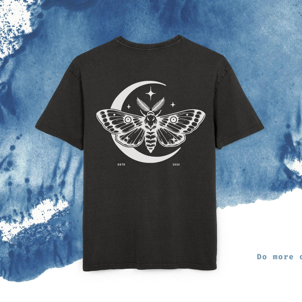 Men's Acid Washed Oversize Tee - Celestial Moth Design - Ocean vibez