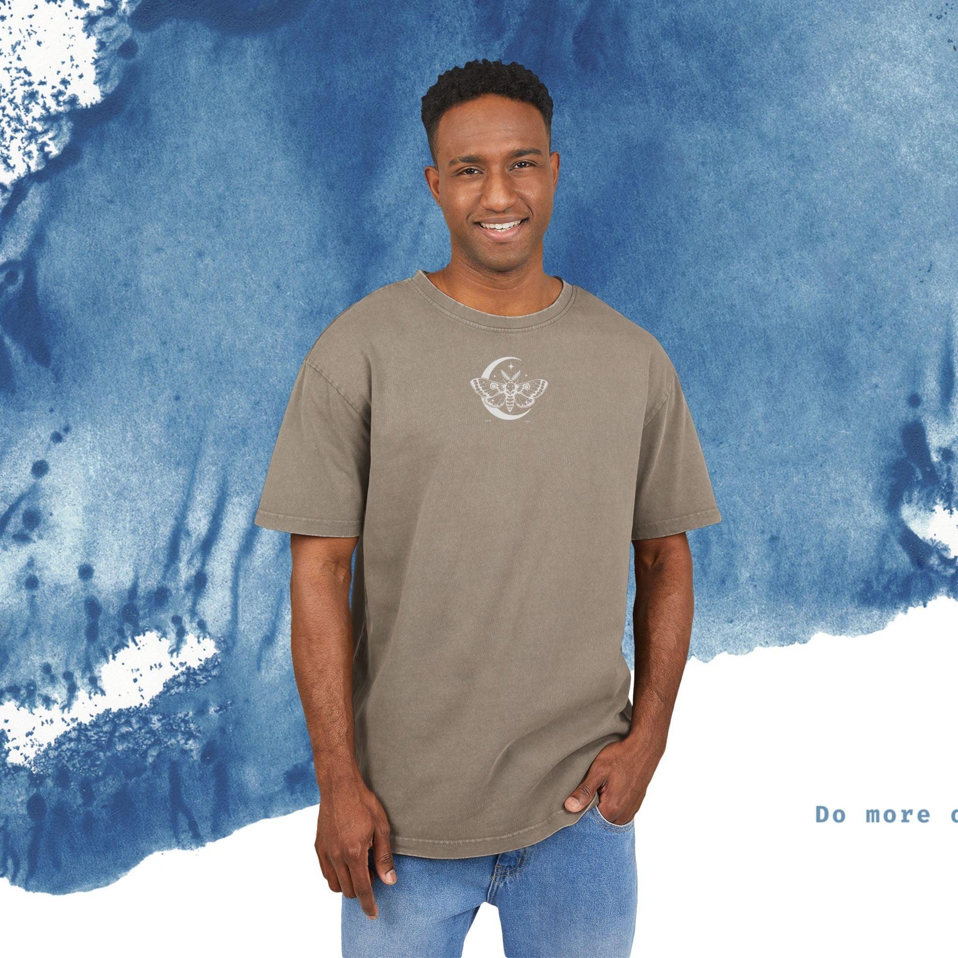 Men's Acid Washed Oversize Tee - Celestial Moth Design - Ocean vibez